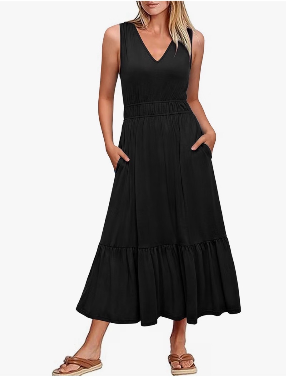 🖤 Flattering Sleeveless V-Neck Black Maxi Dress with Pockets